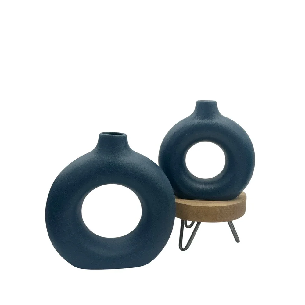 Navy Blue Ceramic Donut Vase Set of 2‎ Matte Textured Modern Minimalist Decor